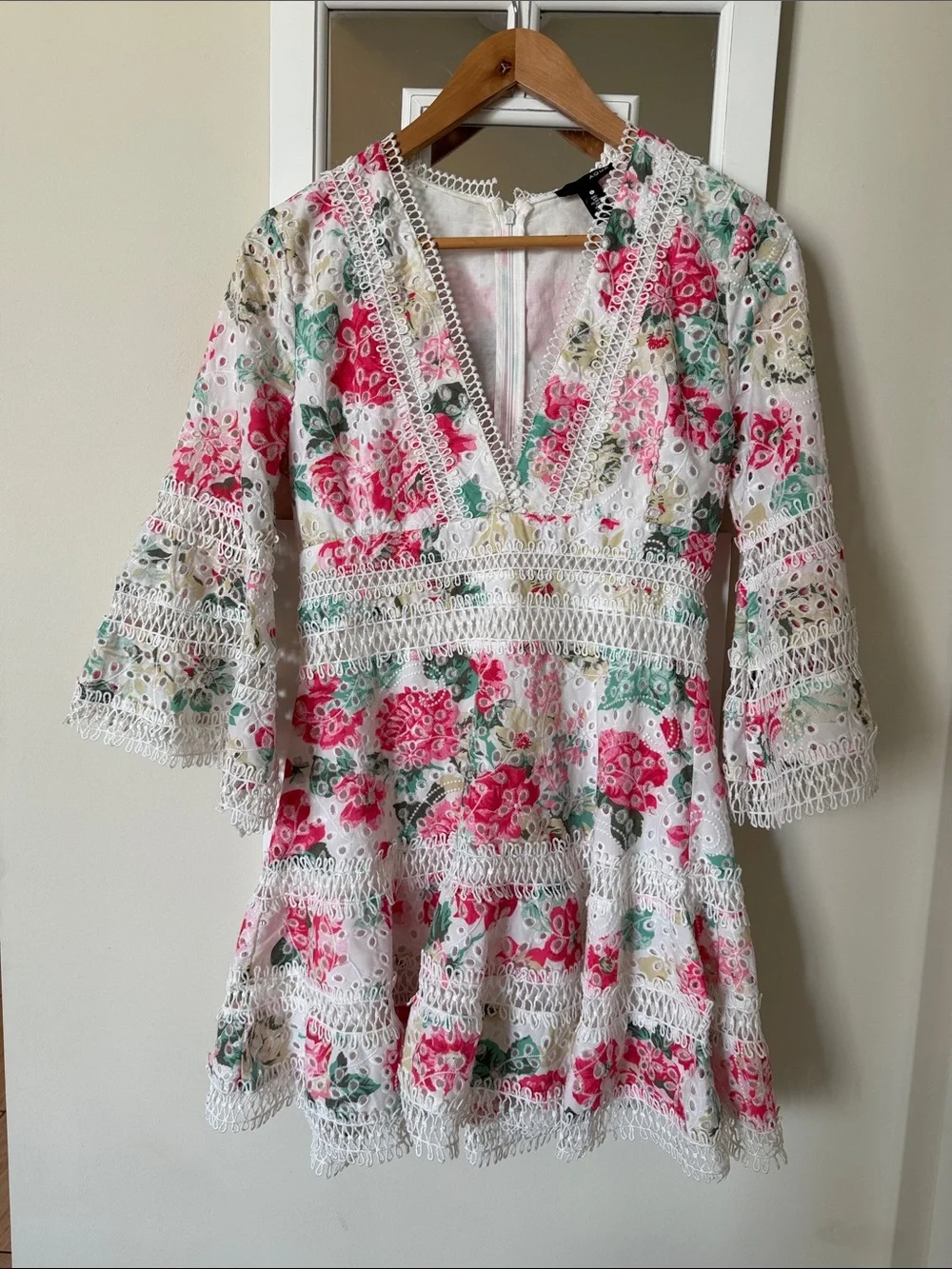 Aqua Floral Trim V-Neck Dress - Picture 1 of 4
